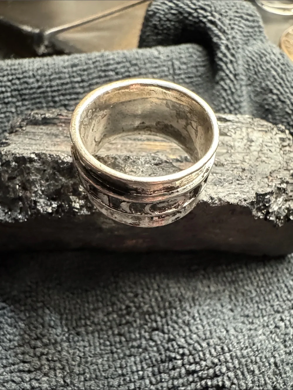 Sterling-Look Silver Band Ring with Blue Opal Accent
